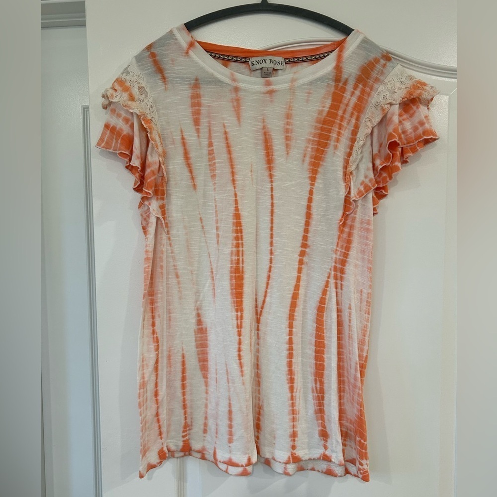 EUC Knox Rose Womens Shirt Large Orange/White Tie Dye Flutter Lace Sleeve